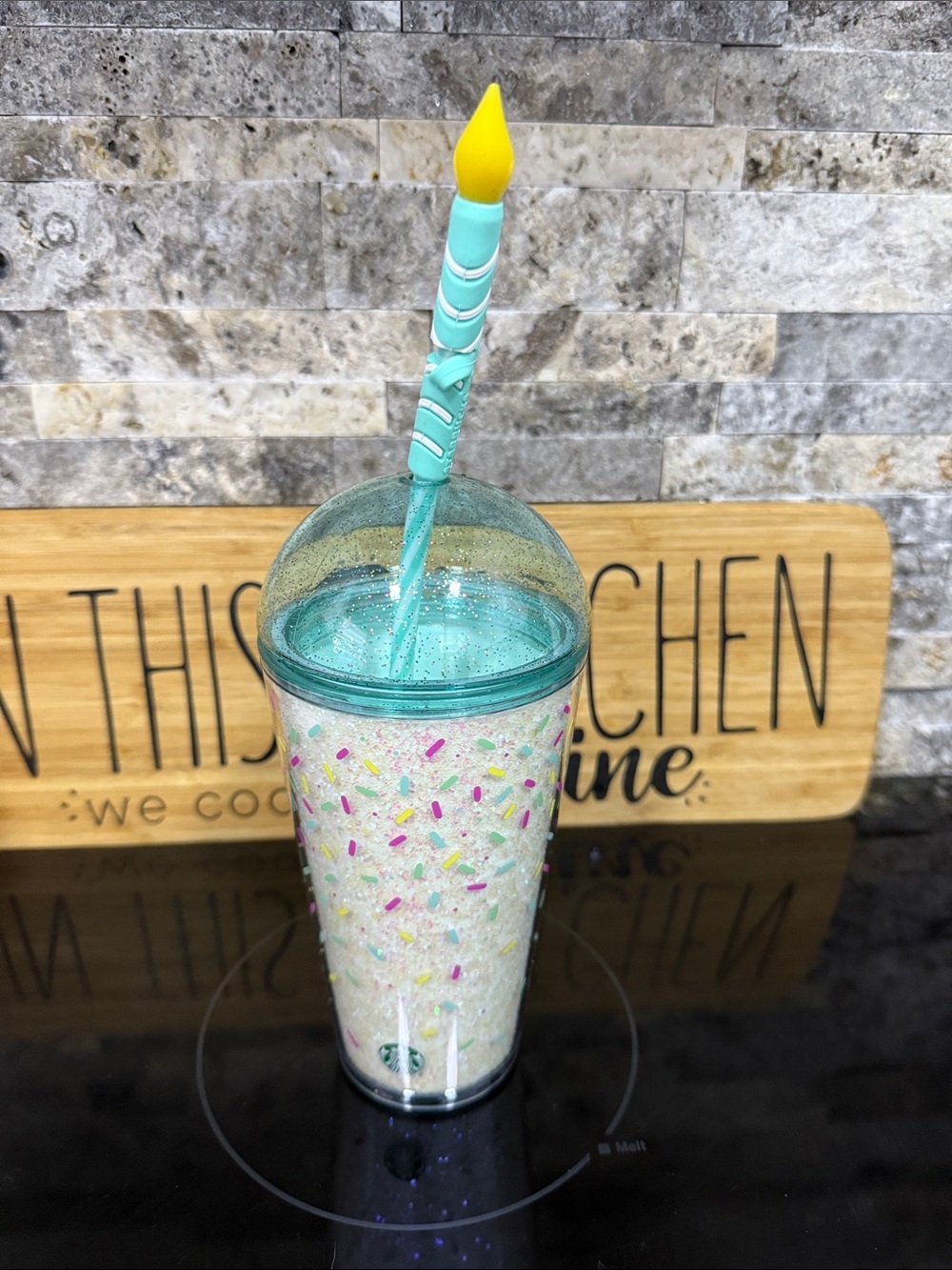 Starbucks White Sprinkle Tumbler with Teal Lid and Yellow Top Straw
